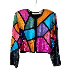 Vintage I.Magnin Colorful Multicolor Sequin Blazer Jacket size medium silk lined